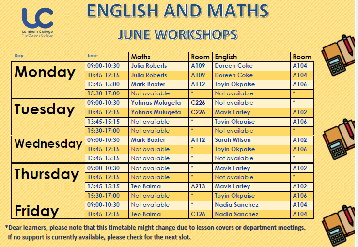 english maths timetable