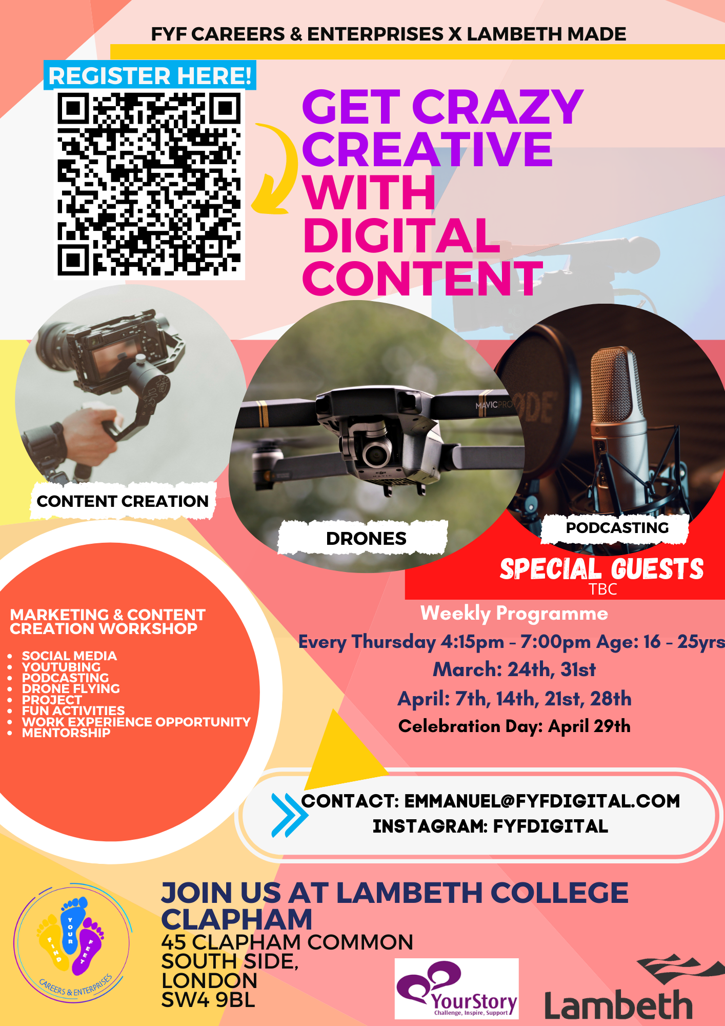 Digital Content event flyer. Free workshops every Thursday in March and April.