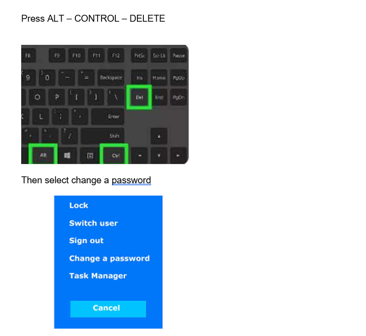 Screenshot showing keyboard with Alt - Control - Delete and password option