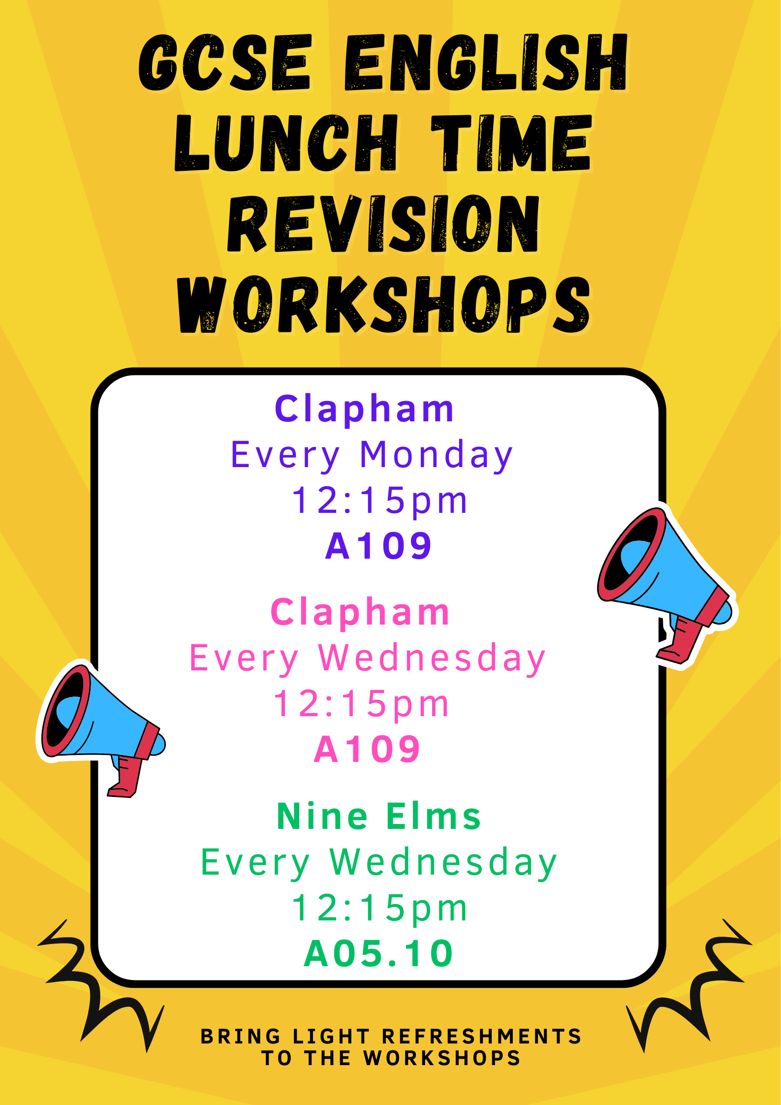 English Revision Workshop Lunchtimes poster